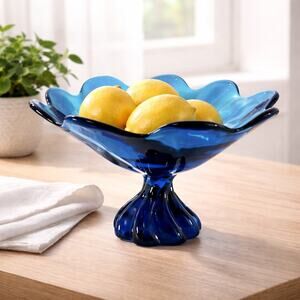 Vintage Blue Art Glass Pedestal Bowl Scalloped Rim Compote 8” Mid Century